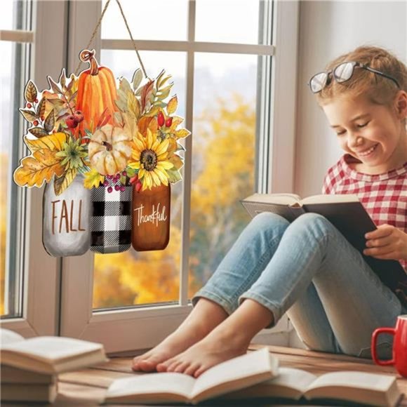 Fall Wooden Hanging Sign Autumn Floral Pumpkin Welcome Door Sign - Picture 5 of 7